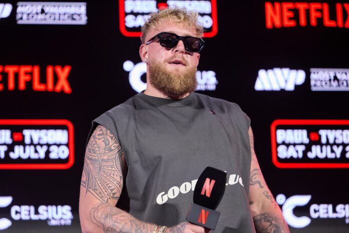 Jake Paul at the press conference ahead of his fight against Mike Tyson