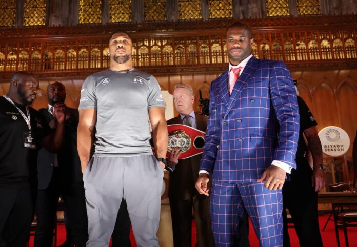 Anthony Joshua and Daniel Dubois at the press conference in London