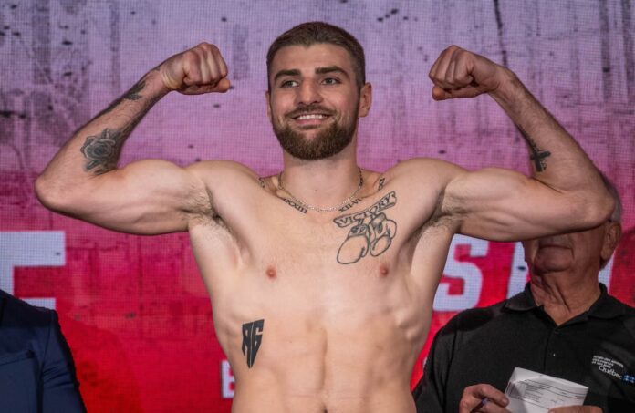 Alexandre Gaumont weighs-in for his bout against Andres Viera in Gatineau, Quebec, Canada