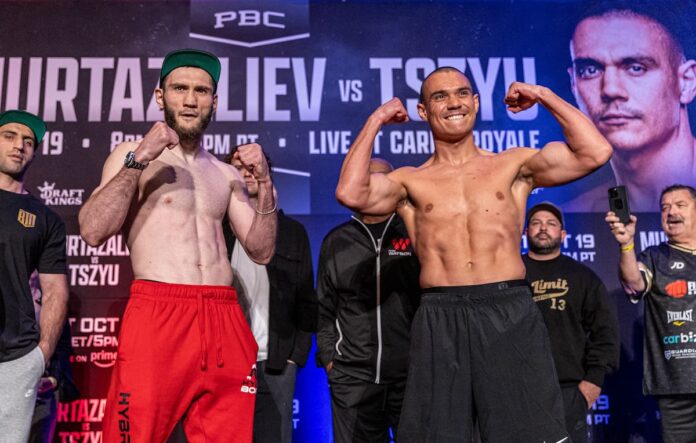 Bakhram Murtazaliev and Tim Tszyu at the weigh-in ceremony