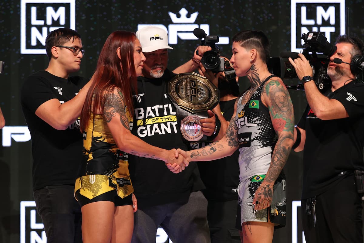 Cris Cyborg and Larissa Pacheco shake hands