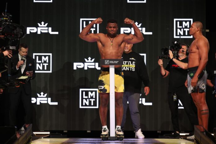 Francis Ngannou weighs-in for his bout against Renan Ferreira at PFL Battle of the Giants