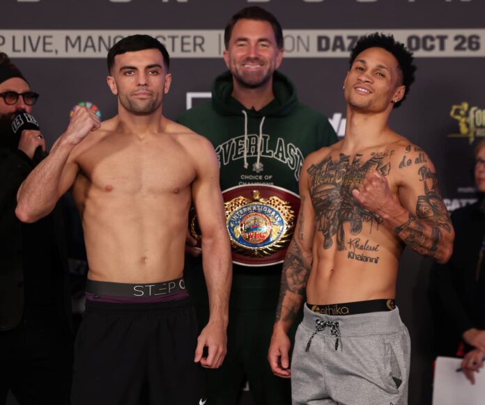 Jack Catterall and Regis Prograis at the weigh-ins ahead of their bout in Manchester