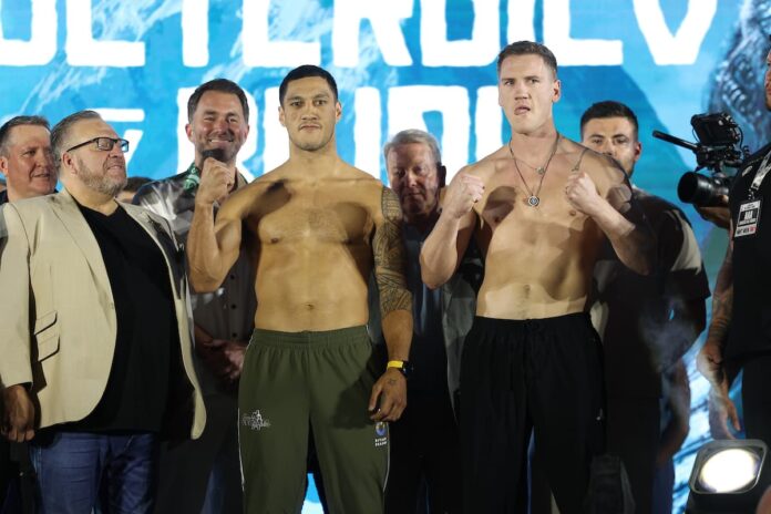 Jai Opetaia and Jack Massey at the weigh-ins