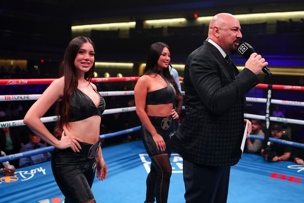 Ring girls Alyshia Barragan and Amber Juliana and ring announcer Joe A. Martinez