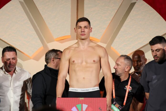 Chris Billam-Smith weighs-in for his bout against Gilberto Zurdo Ramirez