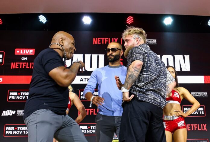 Jake Paul faces Mike Tyson in a boxing match live from Arlington, Texas