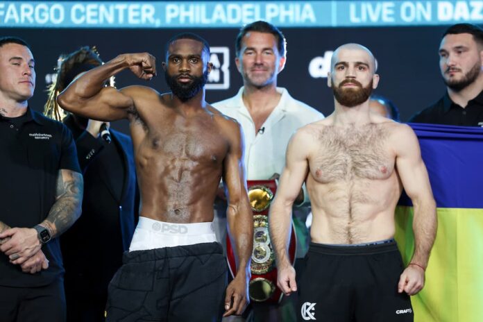 Jaron Ennis and Karen Chukhadzhian at the weigh-ins ahead of their rematch