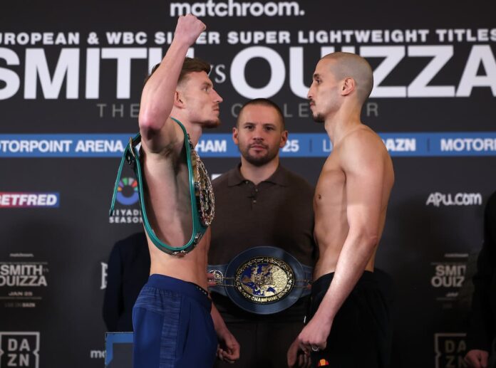 Dalton Smith and Walid Ouizza face each other at the weigh-in ahead of their boxing bout at Motorpoint Arena Nottingham