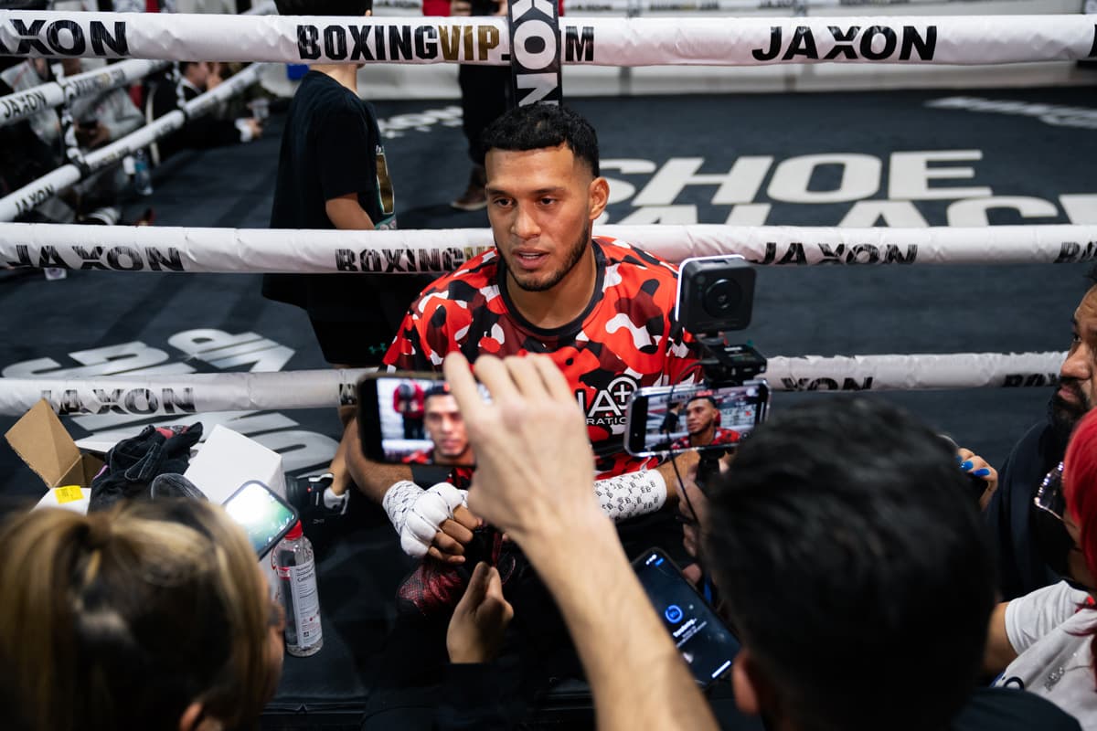 David Benavidez talks to members of the media