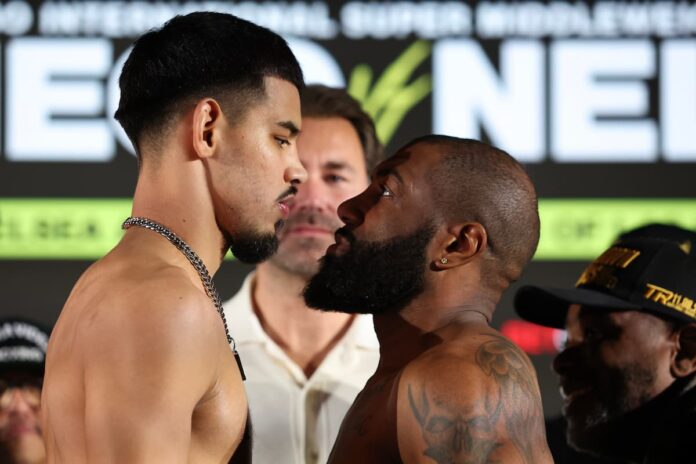 Diego Pacheco and Steven Nelson face each other at the weigh-in ahead of their bout in Las Vegas