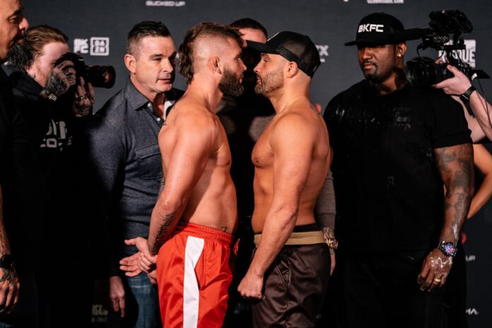 Jeremy Stephens and Eddie Alvarez face each other at the BKFC KnuckleMania 5 weigh-in