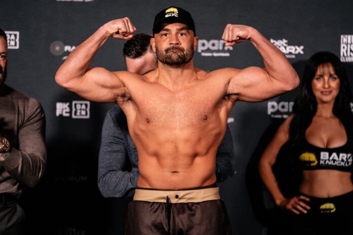 Eddie Alvarez poses at BKFC KnuckleMania 5 weigh-in ahead of his bout against Jeremy Stephens