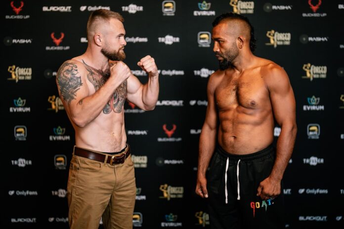 Evgeny Kurdanov and Elvin Leon Brito face off at the BKFC Pechanga weigh-ins