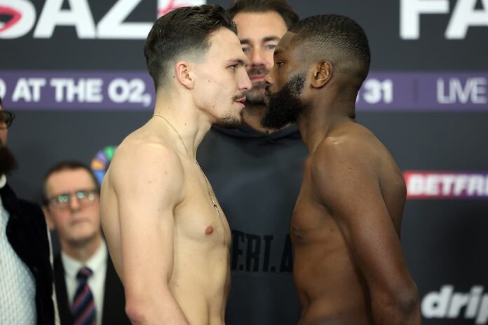 George Liddard and Derrick Osaze face each other at the weigh-in ahead of their boxing bout in London