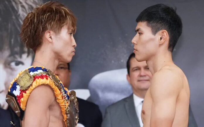 Naoya Inoue and Ye Joon Kim face each other at the weigh-in ahead of their bout in Tokyo, Japan