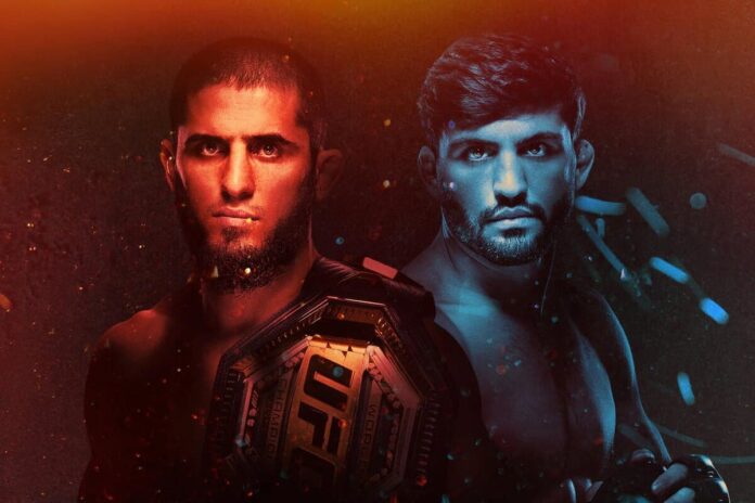 UFC 311 graphic showing the faces of Islam Makhachev and Arman Tsarukyan, highlighting their upcoming rematch in Los Angeles