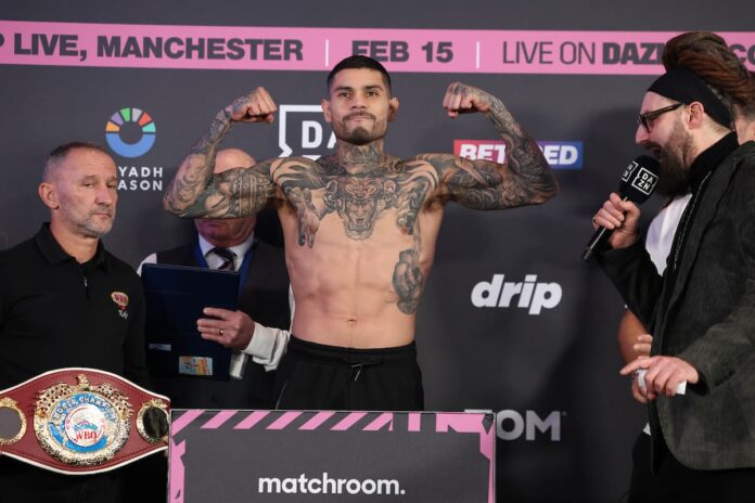 Arnold Barboza Jr poses at the weigh-in ahead of his boxing match against Jack Catterall