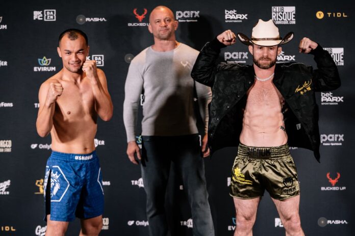 Bekhzod Usmonov and Keith Richardson pose at the weigh-in ahead of their bare-knuckle boxing bout at BKFC Albuquerque