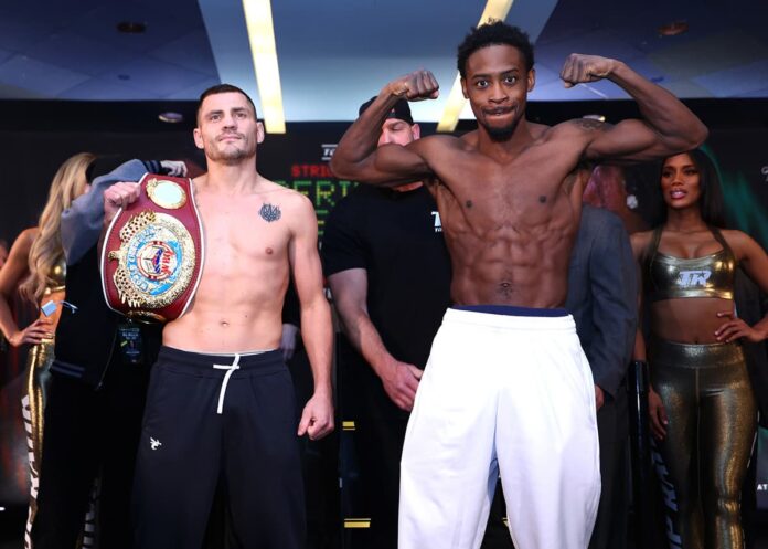 Denys Berinchyk and Keyshawn Davis pose at the weigh-in ahead of their boxing match