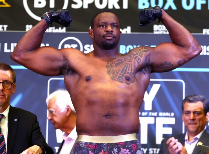 Dillian Whyte poses at the weigh-in ceremony ahead of his boxing bout