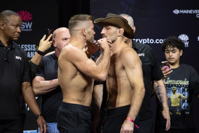 Dricus du Plessis and Sean Strickland face each other at UFC 312 ceremonial weigh-ins