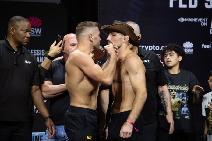 Dricus du Plessis and Sean Strickland face each other at UFC 312 ceremonial weigh-ins