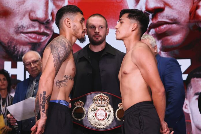 Eduardo 'Rocky' Hernandez and Rene Tellez Giron face each other at the weigh-in ahead of their boxing bout