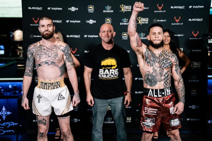 Julian Lane and Cameron Vancamp pose at the BKFC Mohegan Sun weigh-in