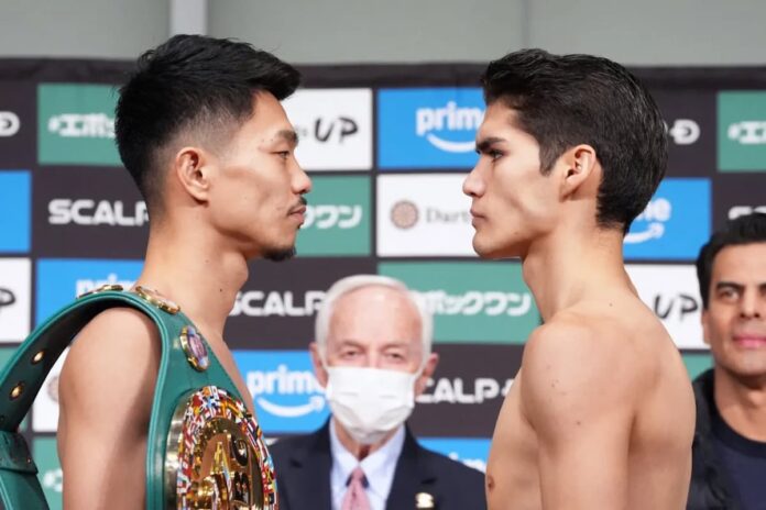 Junto Nakatani and David Cuellar face each other at the weigh-in ahead of their boxing bout