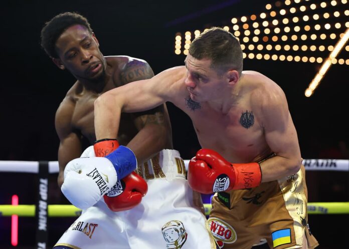 Keyshawn Davis and Denys Berinchyk during their boxing bout