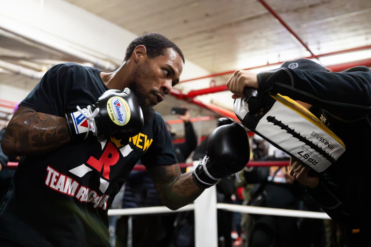 Lamont Roach Jr punches pads during a media workout