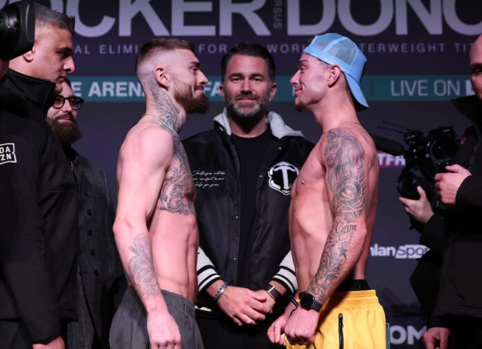 Lewis Crocker and Paddy Donovan face each other at the weigh-in ahead of their boxing bout in Belfast, Northern Ireland