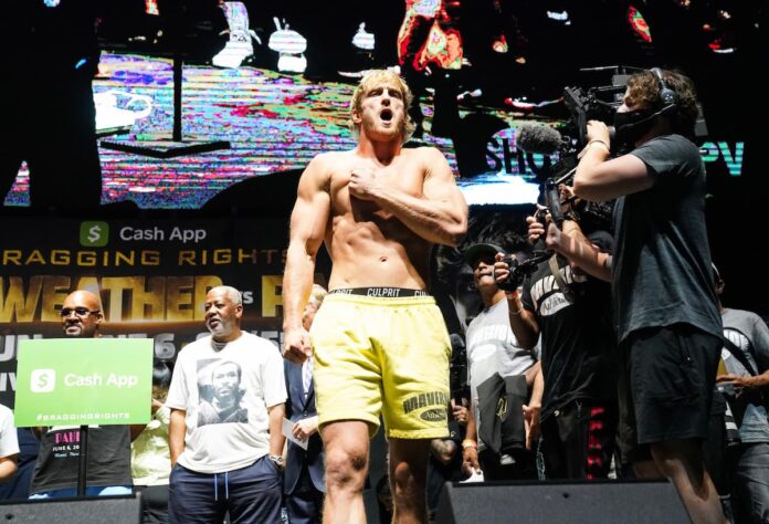 Logan Paul at the weigh-in ahead of his boxing match against Floyd Mayweather