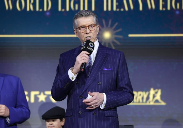 Michael Buffer during the Artur Beterbiev vs Dmitry Bivol weigh-in