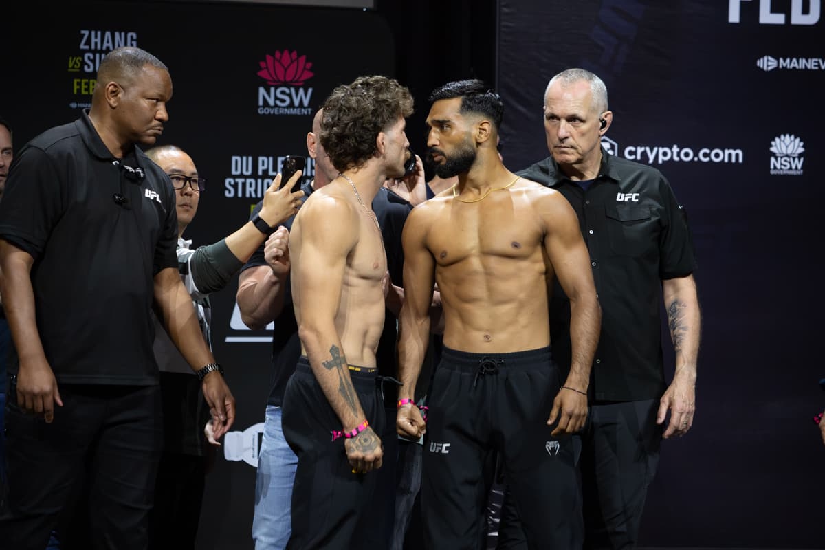 Quillan Salkilld and Anshul Jubli come face-to-face at the UFC 312 ceremonial weigh-ins on February 7, 2025 at Qudos Bank Arena in Sydney, NSW, Australia | FIGHTMAG