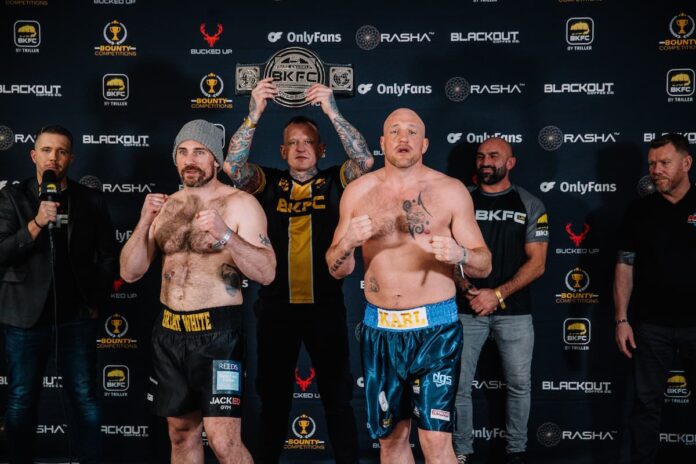 Rob Boardman and Karl Thompson pose at the BKFC Newcastle weigh-in