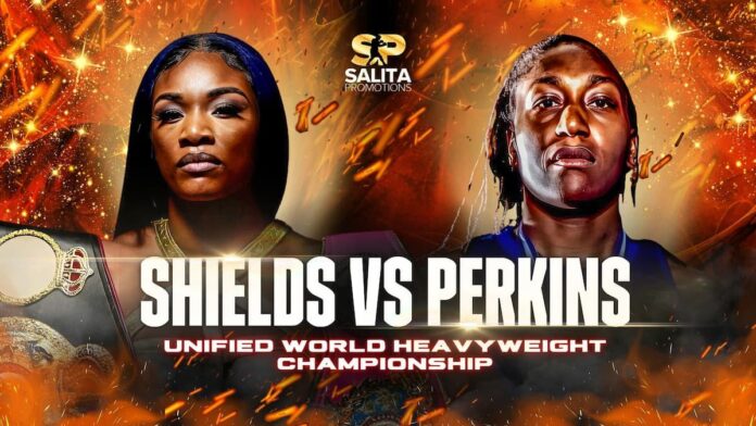 Poster featuring the faces of Claressa Shields and Danielle Perkins, with intense expressions, promoting their upcoming boxing bout