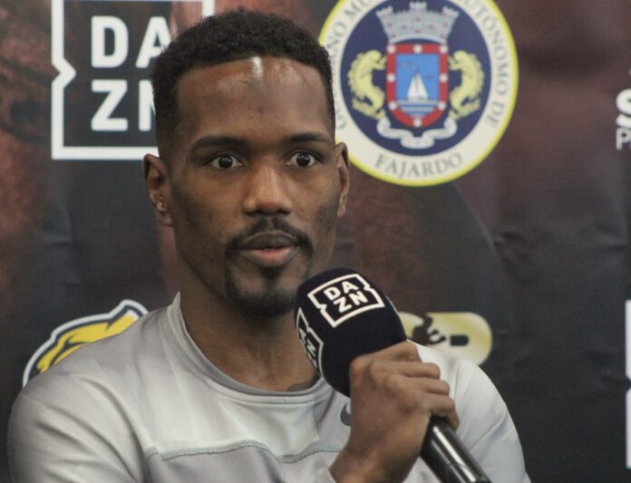 Subriel Matias during a press conference ahead of his boxing bout against Gabriel Gollaz Valenzuela