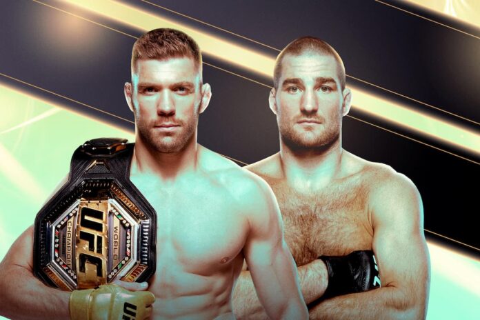 UFC 312 graphic showing the faces of Dricus du Plessis and Sean Strickland, highlighting their upcoming rematch in Sydney, Australia