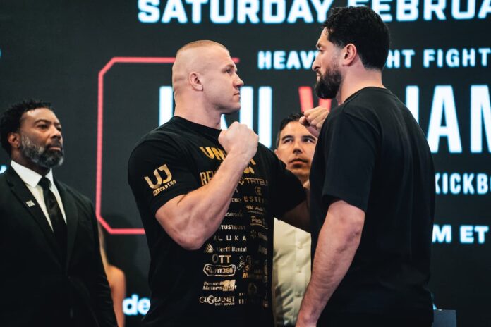 Uku Jurjendal and Jamal Ben Saddik face each other at the weigh-in ahead of their kickboxing bout at Glory 98