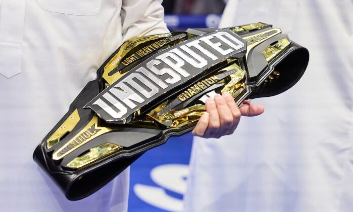 The undisputed light heavyweight championship belt is displayed during the title fight between Artur Beterbiev and Dmitry Bivol on Saturday night