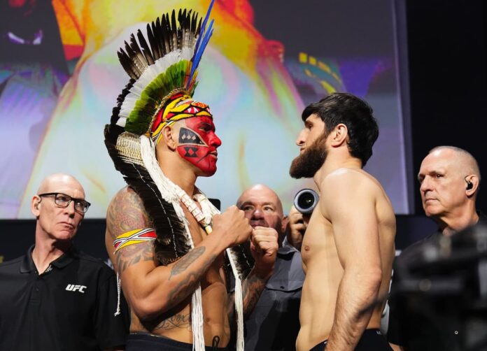 Alex Pereira and Magomed Ankalaev face each other at the UFC 313 ceremonial weigh-ins