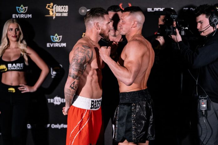 Andrew Angelcor and Dustin Pague face off during the BKFC Philly weigh-in