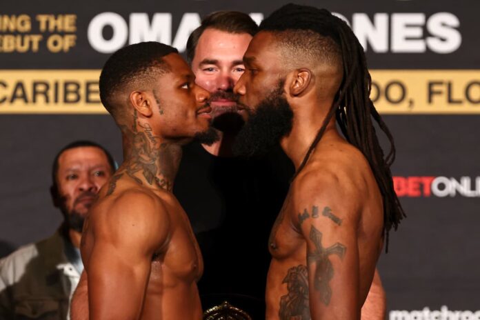 Austin 'Ammo' Williams and Patrice Volny face each other at the weigh-in ahead of their boxing fight