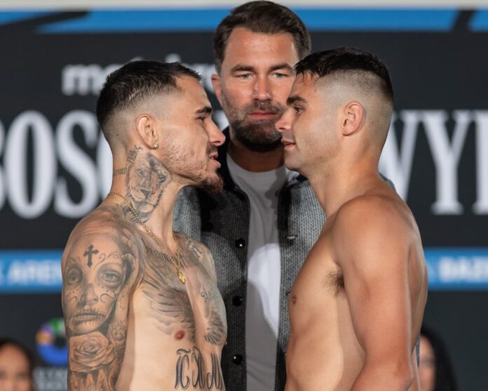 George Kambosos Jr. and Jake Wyllie face off at the weigh-in ahead of their upcoming boxing match