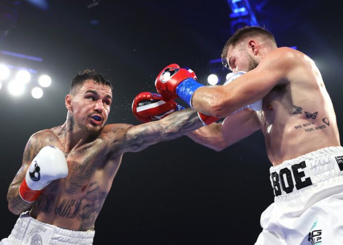 George Kambosos Jr throws a jab during his boxing match against Maxi Hughes