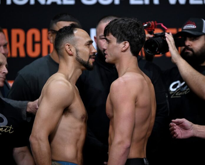 Keith Thurman and Brock Jarvis face each other at the weigh-in ahead of their boxing bout