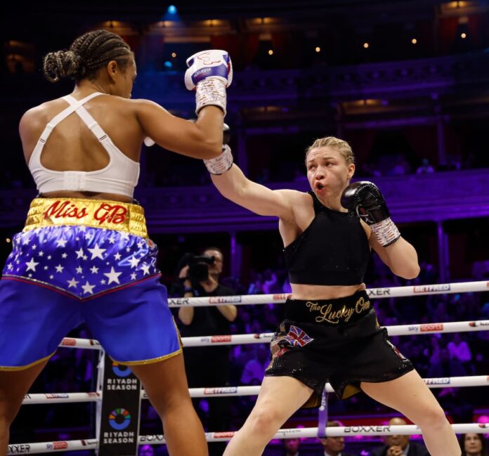 Lauren Price and Natasha Jonas during their boxing bout