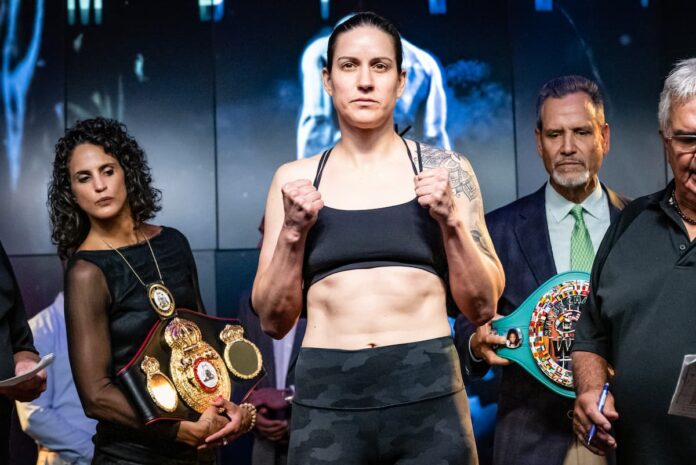 Mary Spencer poses at the weigh-in ahead of her next fight